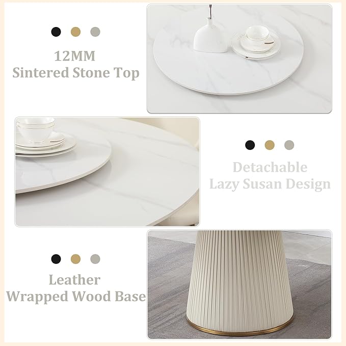 Leavader 59'' Round Marble Dining Table with Removable Lazy Susan, Sintered Stone Round Tabletop and Leather Wrapped Wooden Base, Faux Marble Kitchen Dinner Table for Dining Room/Living Room