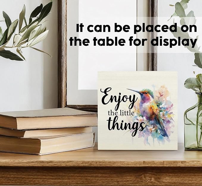 Hummingbird Decor - Hummingbird Gifts For Women, Inspirational Wooden Box Signs, Enjoy The Little Things Motivational Wood Decoration Home Decor For Desk Table Shelf 8x8 Inch Decorative Signs & Plaques