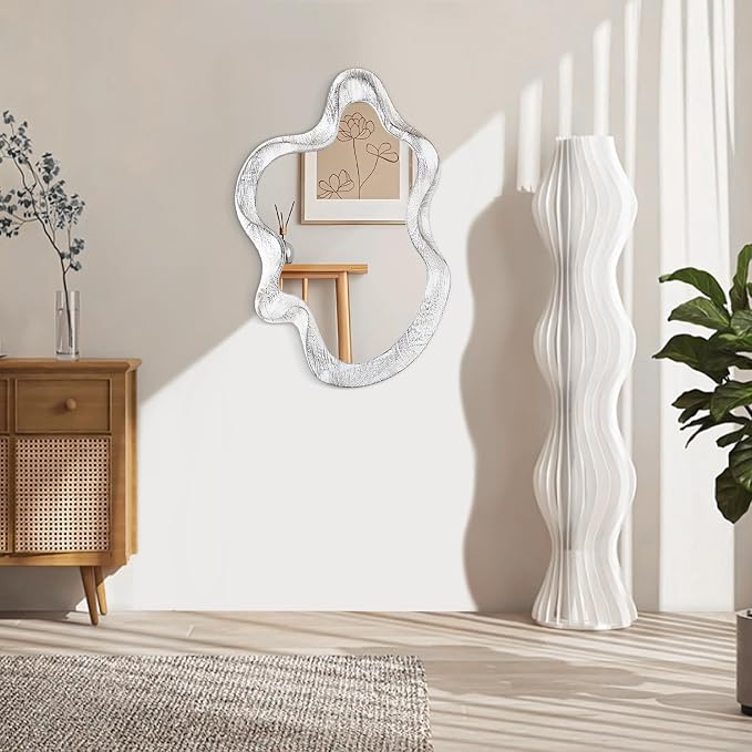 Asymmetrical Mirror Wood Frame Irregular Wall Mirror Unique Shape Wavy Wall Mirror Modern Artistic Cloud Mirror Decorative for Living Room Bedroom Cloakroom Bathroom Entryway Hallway White