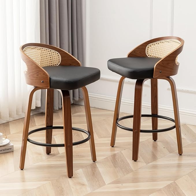 30" Swivel Rattan Bar Stools,Mid-Century Modern Faux Leather Upholstered Bar Height Stools Kitchen Island Barstool with Rattan Low Backrest,Walnut Wood Finish Bar Chairs,Black PU,1PCS
