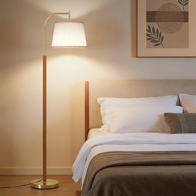 SUNMORY Wood Floor Lamp for Living Room, Mid Century Modern Floor Lamp with 3 Color Temperatures Bulb, Arc Standing Lamp with Adjustable Lampshade, Tall Reading Lamp for Bedroom, Corner, Office