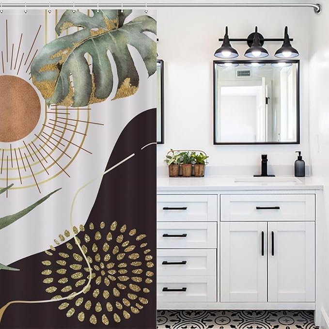Abstract Mid Century Bathroom Shower Curtain,Modern Plam Leaf Palm Neutral Minimalist Brown Leaves Bathroom Curtain Waterproof Fabric Machine Washable with Hooks,72x84Inch