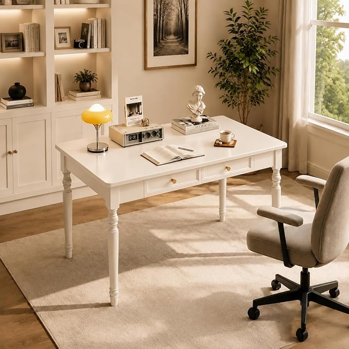 Walnut Writing Desks with Drawers, 47" Solid Wood French Country Style Computer Desk for Home Office, Living Room Study Workspace or Bedroom, Traditional Vanity Dressing Table