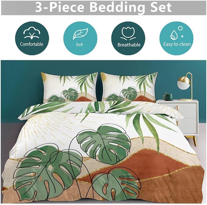 Boho Sunrise Bedding Set,Mid Century Aesthetic Tropical Palm Leaves Abstract Minimalist Comforter Set with Pillowcase for Bedroom Bed Decor,King 102"x90"