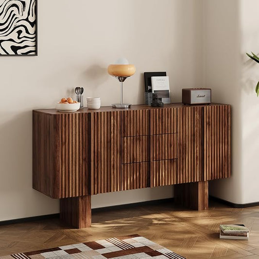 Rophefx 63" Buffet Cabinets with Storage, Wood Side Cabinet with 3 Drawers & 2 Doors, Mid-Century Modern Buffet Table with Anti-Tip Device & Foot Pads for Kitchen, Living Room, Dining Room（Walnut ）