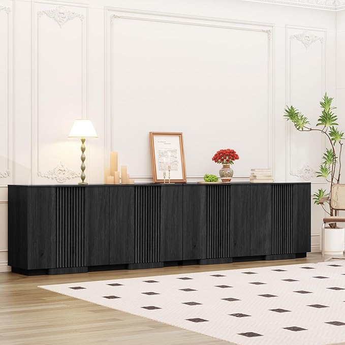 Yechen Buffet Cabinet with Storage, 118" Accent Sideboard Modern Credenza with Doors & Adjustable Shelves Fluted Media Console Wood Coffee Bar Table for Living Kitchen Dining Room Black（8 Doors）