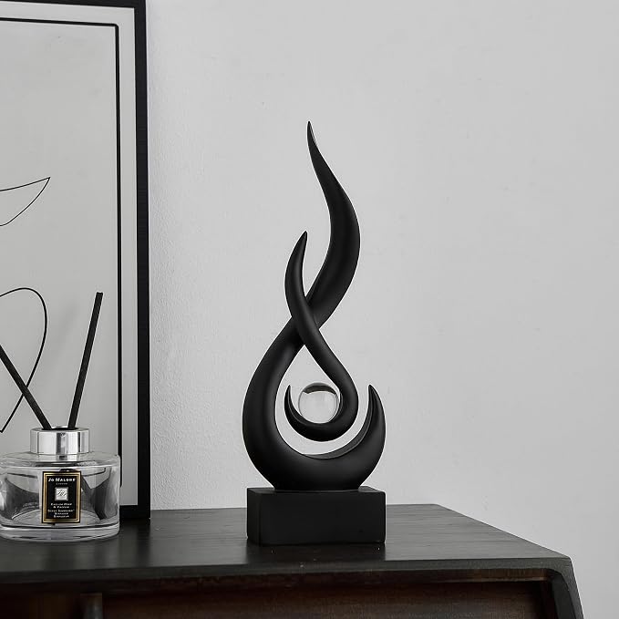 FJS Black Flame Statue, 11.8" Abstract Resin Sculpture for Modern Home Decor, Minimalist Art Figurine for Shelf Coffee Table Centerpiece