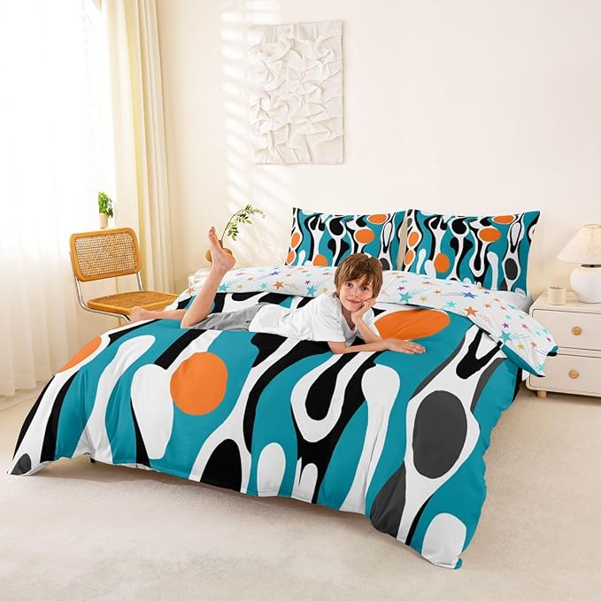 Erosebridal Mid Century Modern Abstract Duvet Cover Set Vintage Geometric Full Size Bedding Sets for Toddler Boys Contemporary Organic Shapes Comforter Cover Squiggle Blob Bed Set,Teal Orange