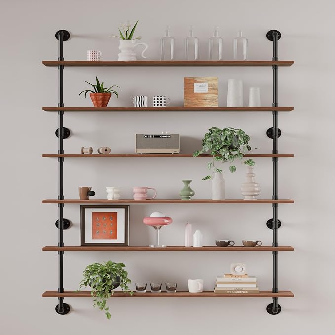 HDDFER 48 InchPipe Bookshelf Floating Shelves for Wall Shelves Bookshelf Industrial Pipe Shelving Shelves Real Wood Planks Rustic Hanging Shelves Farmhouse Kitchen Bar Shelving