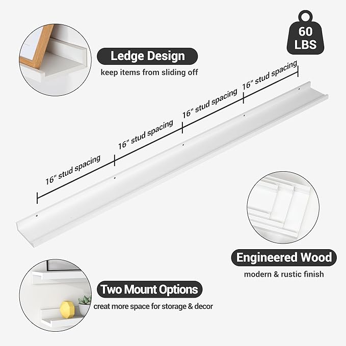 Axeman 72 Inch Floating Shelves | White Picture Ledge Shelf Set of 3 | Rustic Wood Wall Shelves with Lip | 72" White Picture Shelf for Wall with Ledge | Photo Shelves