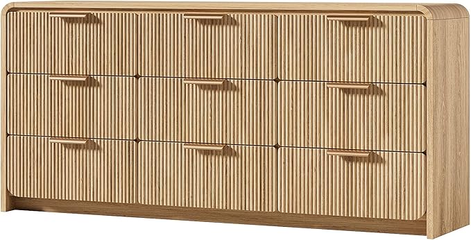 Fluted 9 Drawer Dresser for Bedroom, 57" Wide Chest of Drawers, Curved Profile Design, Wooden Dresser TV Stand for Living Room, Hallway, Natural Oak