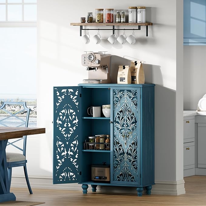 47" Tall Accent Cabinet with Navy Blue Mandala Carved Doors, Solid Wood Legs Storage Cabinet with 100 lbs Capacity, Boho Farmhouse Sideboard Buffet for Entryway, Living Room & Coffee Bar