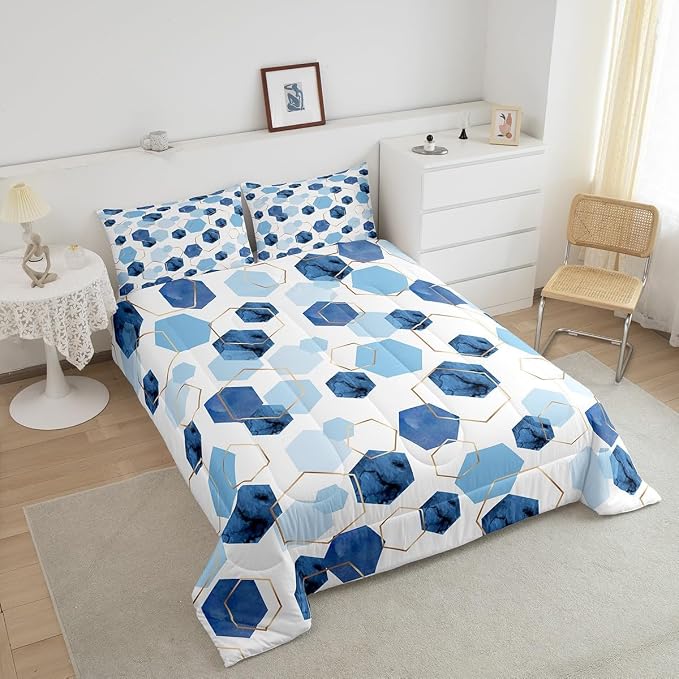 Erosebridal Hexagon Comforter Set King Navy Blue Bedding Set, Watercolor Honeycomb Bedding Comforter Sets Abstract Tie Dye Duvet Sets, Luxury Gold Hexagon Quilted Comforter Microfiber