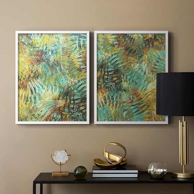 Renditions Gallery Set of 2 Peel & Stick Framed Prints, Nature Abstract Wall Art, Green Leafy Design Wall Decor, Re-Stickable - Ready to Hang - 16"x20" - White Frame LT588