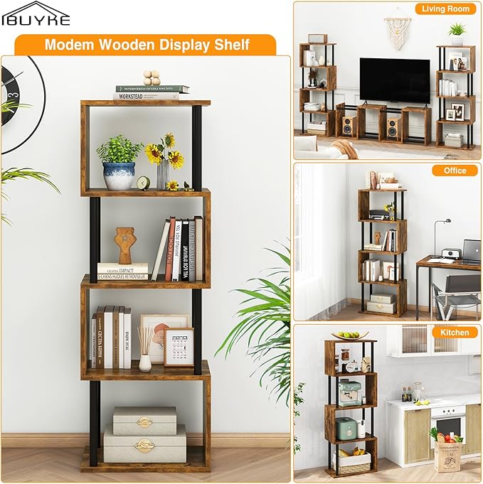 IBUYKE 5-Tier Tall Bookshelf,S-Shaped Geometric Bookcase, Wood Display Shelves with Storage,Industrial Bookshelf for Living Room Bedroom, Home Office, Rustic Brown WBC015H