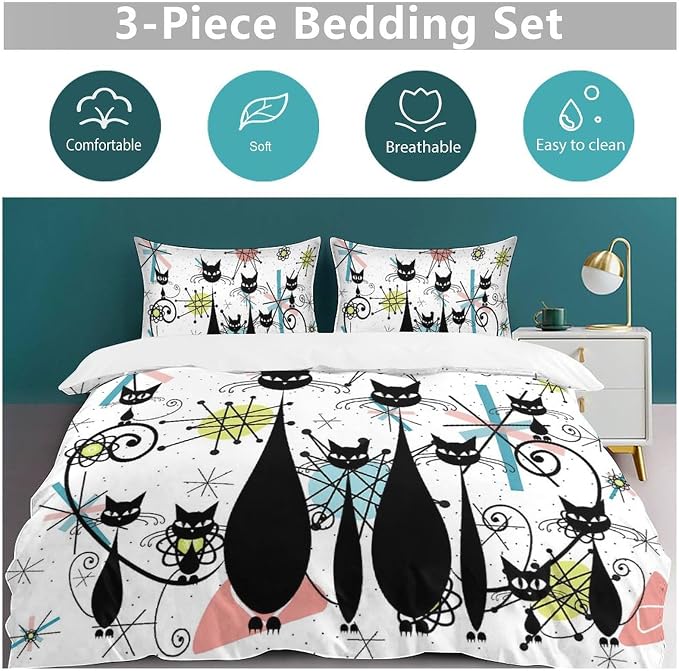 Mid Century Duvet Cover Sets Vintage Black Cat Modern Style Printed Lightweight Soft Quilt Cover Abstract Geometric Minimalist Soft Microfiber 3 Piece (1 Duvet Cover 68x86in + 2 Pillow Sham 20x30in)