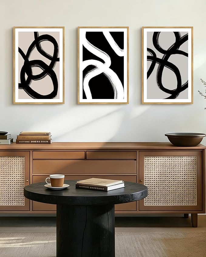 Drsoum Lager 16x24in Black Abstract Framed Wall Art Decor Duotone Minimal Dark Brush Stroke Prints Shapes Illustrations Modern Art Decorative Ready To Hang - Natural Framed