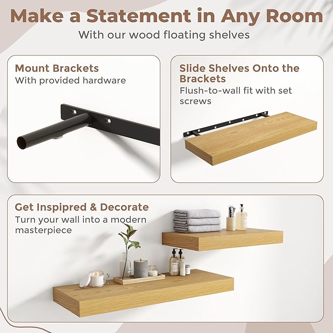 Marsmiles 12" Deep Floating Shelves for Wall with Invisible Brackets, Wall Mounted Engineered Wood Shelves with Wood Grain for Living Room, Bedroom, Kitchen Decor and Storage, 24" L Set of 2, Oak