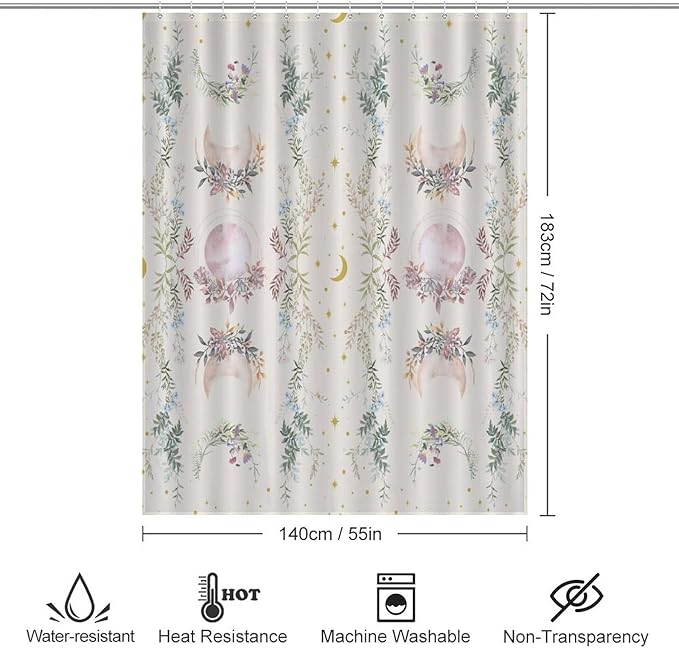 Moon Phase Flowers Shower Curtain Moonlit Herb Wildflower Witchy Celestial Flower Botanical Waterproof Shower Curtains for Bathroom Decor 12 Pack Hooks 55x72in（140x183cm）