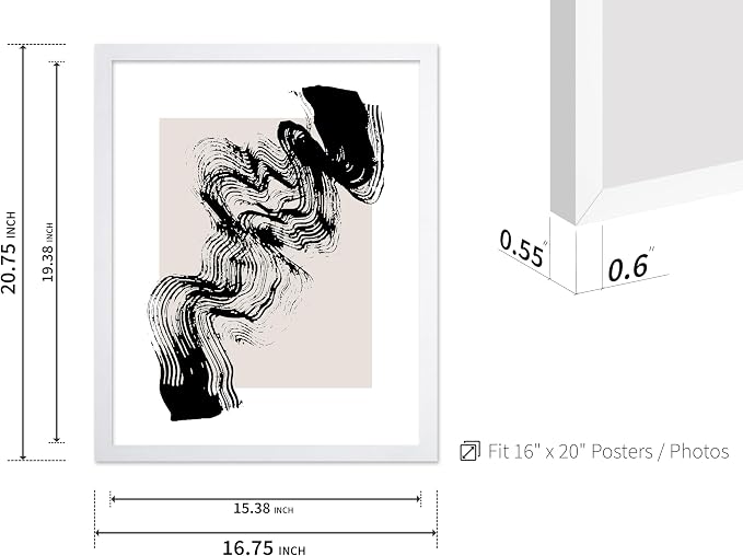 Poster Master Brush Waves Poster - Black Brush Wave Stroke Print - Abstract Design - Drawing Artwork - Mid Century Modern Art - Minimal Design - Living Room or Bedroom Wall Decor - 16x20 White Framed