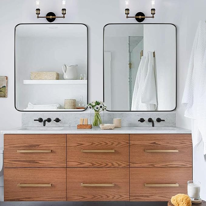 Black Bathroom Mirror 30X36 Inch Rounded Rectangle Wall Mirror Stainless Steel Metal Frame Vanity Mirror Anti-Rust for Entryway, Bathroom, Vanity, Living Room Hangs Vertically or Horizontally