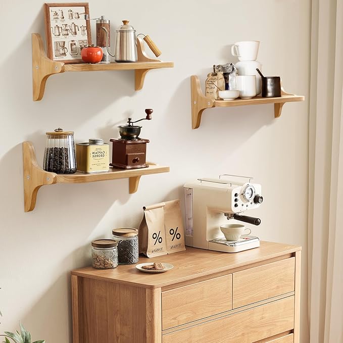 Wooden Floating Shelves for Wall, 15.7" W x 5" D x 0.6" H Large Wall Shelves, Hanging Storage Shelf with Sturdy Brackets for Living Room, Kitchen, Bathroom, Bedroom Decor, Natural, 3 Packs