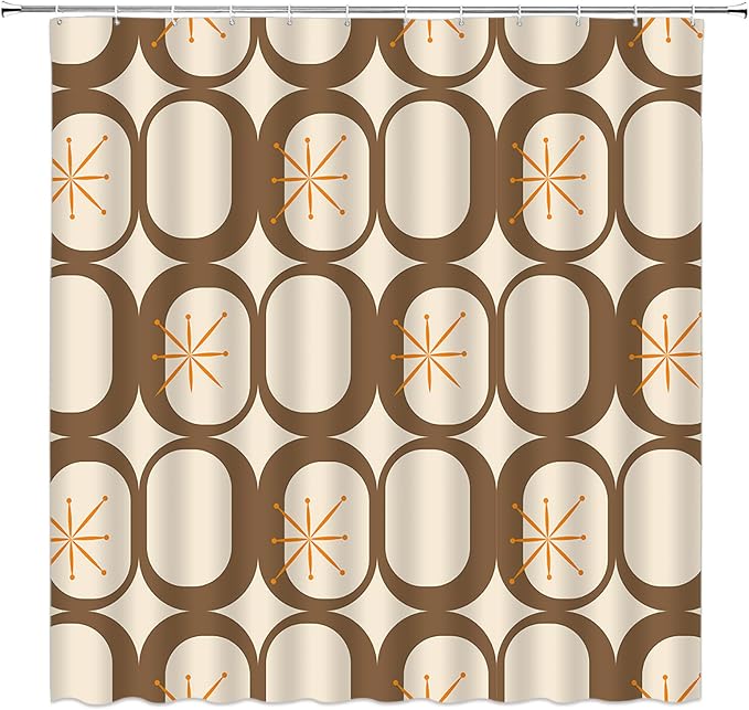 Mid Century Modern Extra Long Shower Curtain Abstract Atomic Geometric Round Squares Retro 50s Brown Fabic with Hooks for Bathroom Decor,70x84 Inch