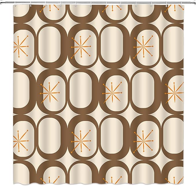 Mid Century Modern Extra Long Shower Curtain Abstract Atomic Geometric Round Squares Retro 50s Brown Fabic with Hooks for Bathroom Decor,70x75 Inch