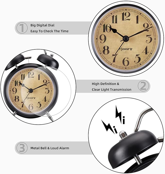 Rjuwurv 4" Twin Bell Alarm Clock with Night Light - Desk & Bedroom Alarm Clock (Black)