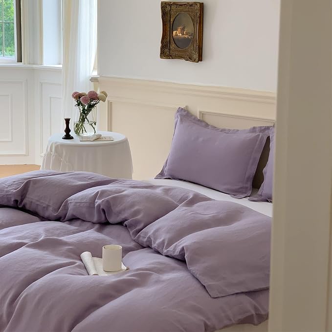 Simple&Opulence 100% Linen Duvet Cover Set, 3 PCS Natural French Flax Lilac Duvet Cover Queen Size, Breathable Soft Comfy Linen Bedding Comforter Cover with 2 Pillowcases(Lilac, 88"x92")