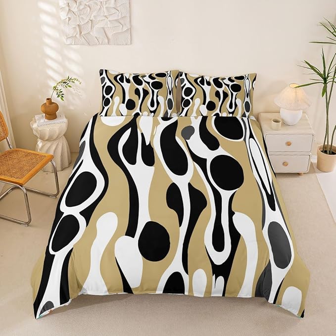 Erosebridal Organic Geometric Duvet Cover Set Modern Abstract Queen Bedding Set for Teen Boys Retro Mid Century Comforter Cover Modern Fluid Art Irregular Circles Bed Sets,Beige Black
