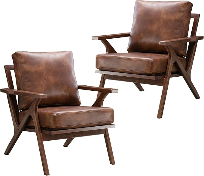 Bonzy Home Mid Century Modern Chairs,Accent Chairs Set of 2, Comfy Upholstered PU Leather Armchair with Solid Wood Frame, Retro Leisure Chair Reading Nook Chair for Living Room Bedroom Office