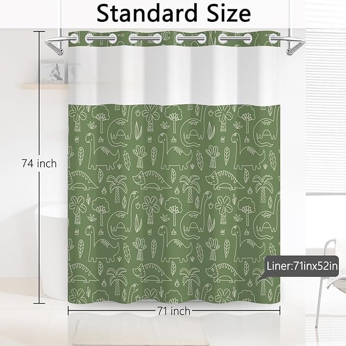 No Hook Shower Curtain with Snap in Liner for Kids Bathroom – Green Dinosaur Print Fabric Shower Curtain, Cartoon Funny Bath Decor with See Through Top Window for Boys and Girls, 71x74 Inch