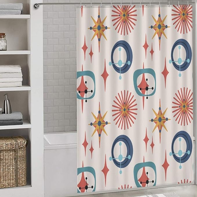 Retro 50s Shower Curtain Mid Century Modern Geometric Stars Colors Pattern Duty Fabric Shower Curtains Set Bathroom Polyester Waterproof with 12 Hooks, 55x72Inch（140x183cm）