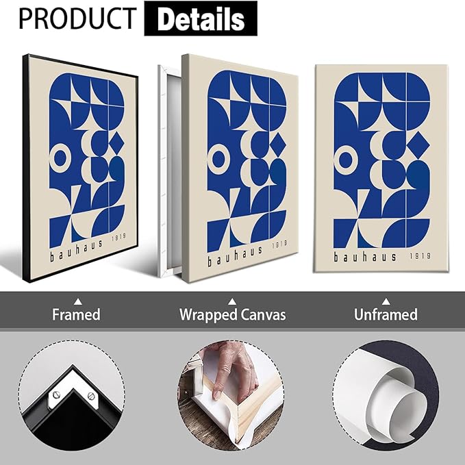 Vintage Bauhaus 1919 Geometric Framed Poster Blue And White Geometric Composition Canvas Wall Art Minimalist Abstract Prints Painting For Home Bedroom Dorm Wall Decor 24x36in Framed