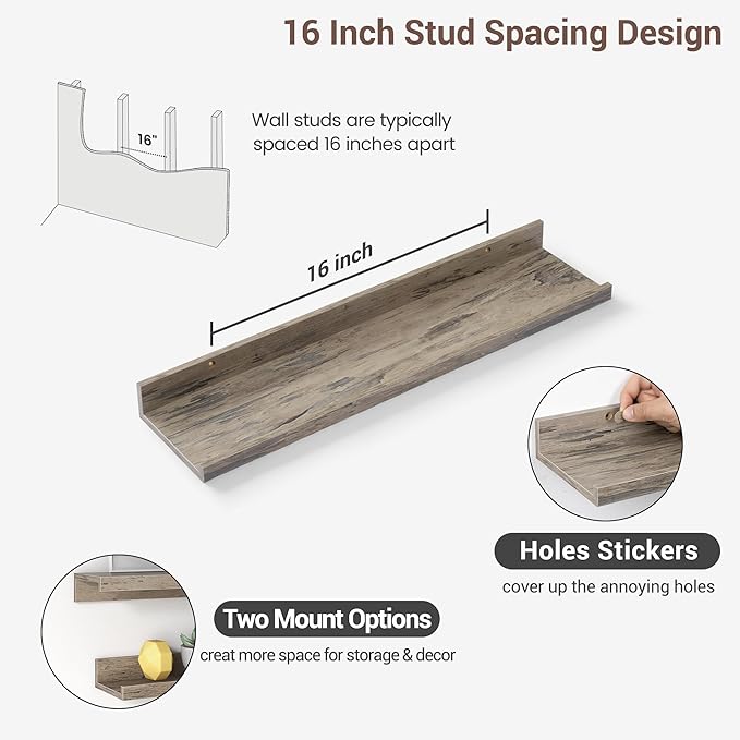 Axeman Picture Ledge Shelf | 24 Inch Grey Floating Shelves Set of 3 | Rustic Grey Wall Shelves with Lip | 24" Picture Shelf for Wall with Ledge | Photo Shelves