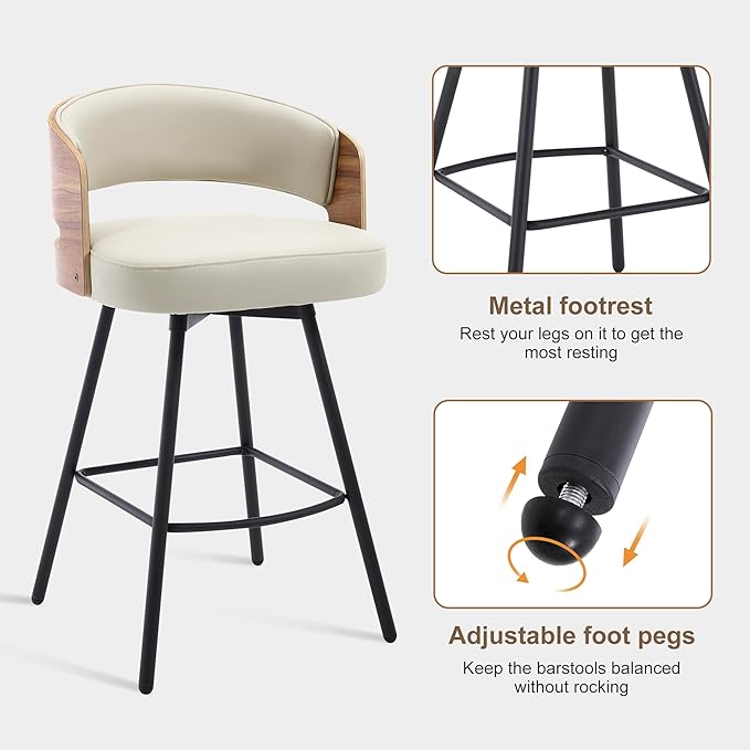Swivel Bar Stools Set of 2, 26" Counter Height Bentwood Barstool, Upholstered Faux Leather Barstools with Walnut Back, Mid Century Modern Bar Chairs for Kitchen Island, Bar