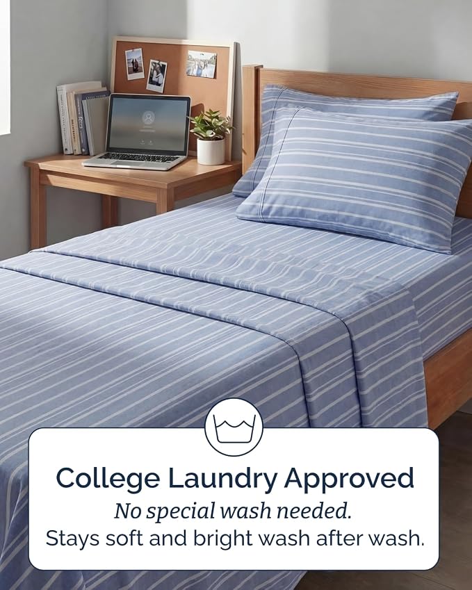 Extra Deep Twin XL Sheet Set - 4 Piece College Dorm Bed Sheets Set with Extra Deep Pockets - Ultra-Soft, Comfy & Breathable Bedding for Women, Men, Kids & Teens - Wrinkle & Fade Free - Blue Stripes 3