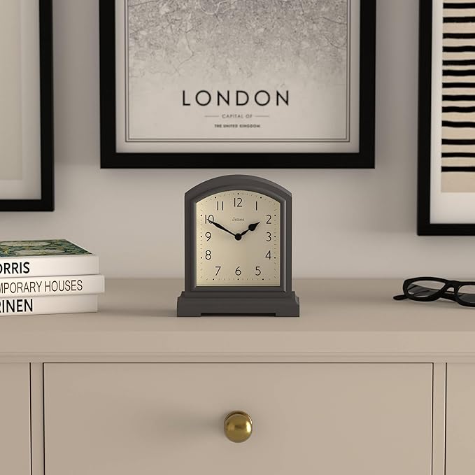 JONES CLOCKS® Tavern Mantel Clock | Modern Arch top Design | Dark Gray | Contemporary Classic Style for Desk, Table, Shelf or Bedside