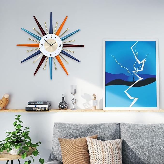 Large Wall Clock 27.5 Inch Modern Wall Clock Starburst Mid-Century Modern Decor Non-Ticking Battery Operated Colorful Clock Home Decorations for Living Room Bedroom Kitchen Office