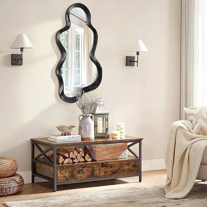 Asymmetrical Mirror Irregular Wall Mirror Modern Wood Frame Unique Mirrors Cute and Stylish Cloud Wavy Mirrors Decorative for Cloakroom Bedroom Living Room Bathroom Entryway 30"x14"