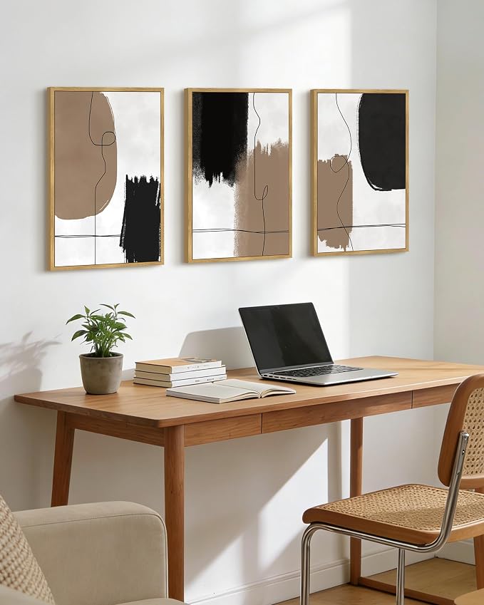 KUVIOKE Neutral Abstract Framed Wall Art Beige Mid Century Textured Wall Decor Minimalist Line Modern Illustrations Art Print Home Decor 16x24in (Natural Framed)