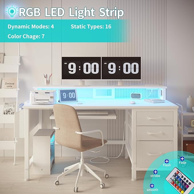 Lufeiya Gaming Desk with LED Lights and Power Outlets, 47 Inch Home Office Desks with Keyboard Tray, White Computer Desk with File Drawers Cabinet, Writing Table PC Desks with Monitor Stand, White