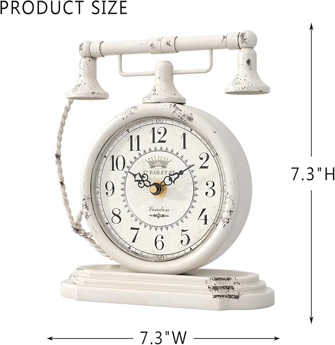 Vintage Table Clock, Desk and Shelf Decor Clock, White Antique Telephone Style Mantel Clocks, for Living Room, Farmhouse, Bedroom, Bedside, Gift (7.3" H x 7.3" W)