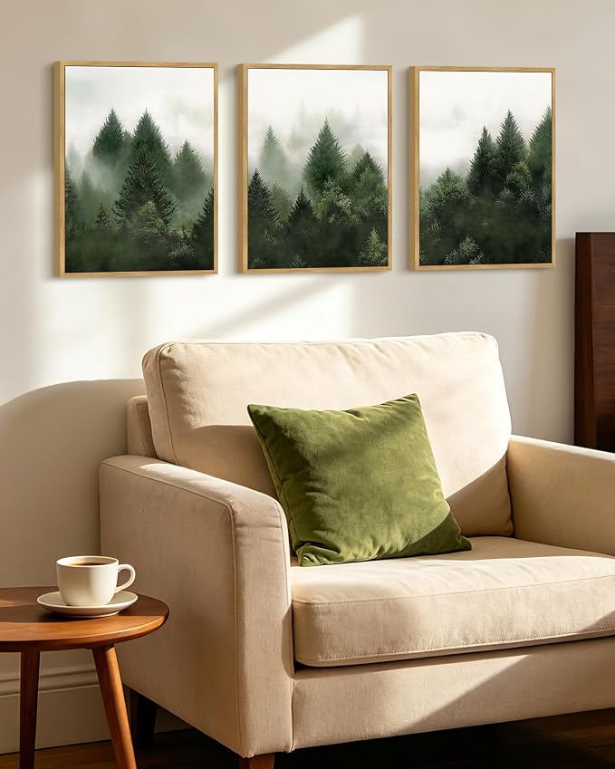 KUVIOKE Morden Green Fog Pine Tree Framed Canvas Wall Art Nature Nordic Forests Artwork Painting Bedroom Decor 12x16in (Natural Framed)