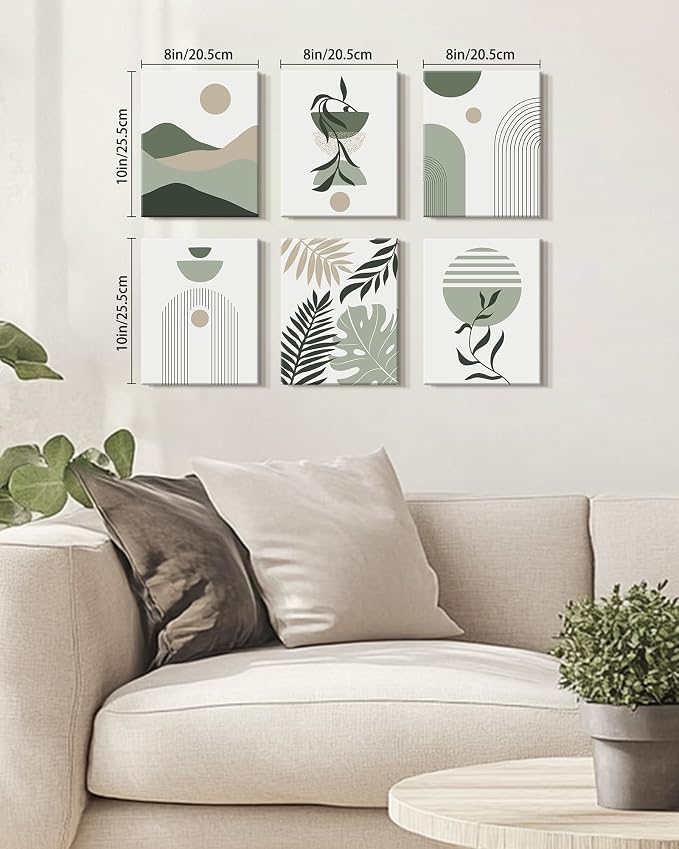 Drsoum Boho Framed Wall Art Minimalist Geometric Abstract Boho Room Decor Green Sage Botanical Mid Century Modern Bohemian Prints Living Room Bedroom Ready to Hang 8x10inx6pcs (Framed)