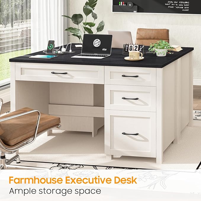 Vabches Farmhouse 47" Executive Desk with 4 Drawers, Computer Desk with File Drawer and Charging Station, Workstation for Home Office, Study.（Black）