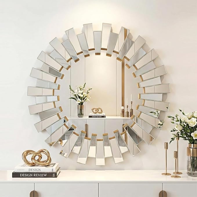 Gold Sunburst Mirror for Wall Decor, 26" Starburst Mirror with Beveled Glass Frame, Modern Accent for Living Room, Hallway, Bedroom,Entryway