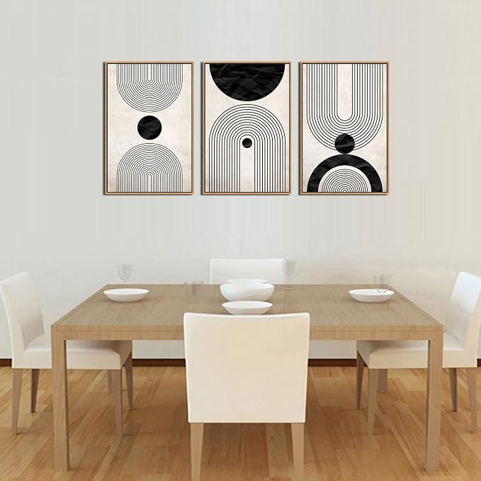 Framed Wall Art Canvas Set Mid Century Boho Pictures Modern Abstract Geometric Wall Decor Minimalist Black Beige Bohemian Canvas Painting Artwork for Living Room Bedroom Office 16"x24"x3 Natural