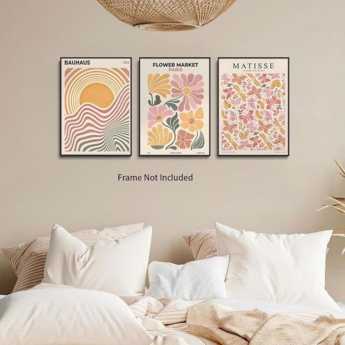 BingruiArt Boho Abstract Wall Art Yellow Canvas Flower Market Posters Set of 3 Bauhaus Pictures Matisse Print Floral Aesthetic Painting Decor for Dorm Living Room Bedroom 16"x24" Unframed